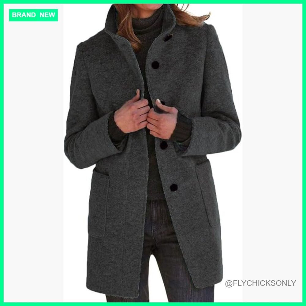 Wool Blend Pea Coat Long Blazer Jacket Stand Collar Winter
